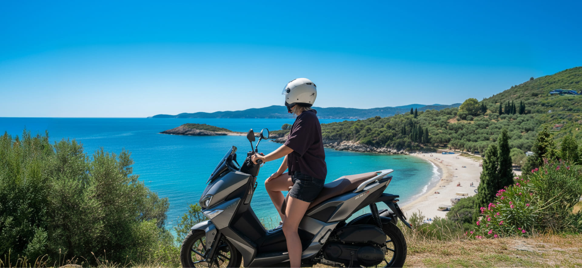 J and K Rentals Corfu girlo driving a bike
